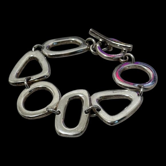 Vintage Multi Shape Link Sterling Size 7.75 inches Toggle Bracelet - Picture 2 of 6